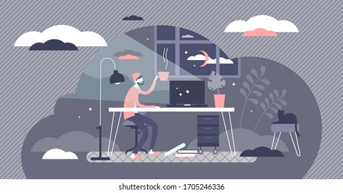 Freelancer working vector illustration. Work place in home flat tiny persons concept. Late night working with creative ideas as outsource occupation. Hipster student job and study workspace scene.
