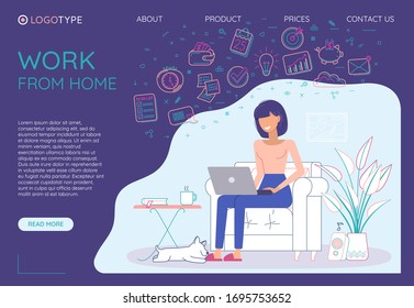 Freelancer working. Work from home. Freelance work. Website landing page web homepage template. Woman using a laptop. Violet background.
