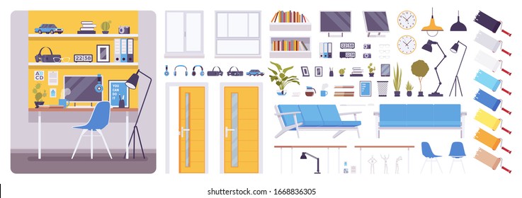 Freelancer workplace area interior construction set, home freelancing cabinet, kit with furniture, constructor element to build own design. Cartoon flat style infographic illustration, color palette