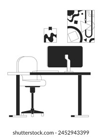 Lugar de trabajo Freelancer con el ordenador blanco y negro 2D línea de dibujos animados objeto. Escritorio de la PC y cuadros colgantes elementos aislados del contorno del Vector. Ilustración monocromática de punto plano interior de oficina en casa