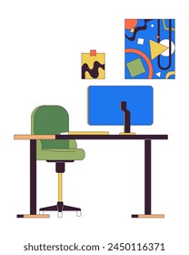 Freelancer workplace with computer monitor 2D linear cartoon objects. Pc desk and hanging paintings isolated line vector elements white background. Home office interior color flat spot illustration