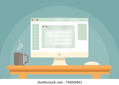Freelancer workplace with computer, mouse and hot cup of tee. vector illustration.