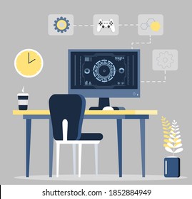 Freelancer workplace concept vector. Remote work at home for programmer, seo, manager. Gamer, joystick, gear icons.  Coffee is on table and empty room. 
