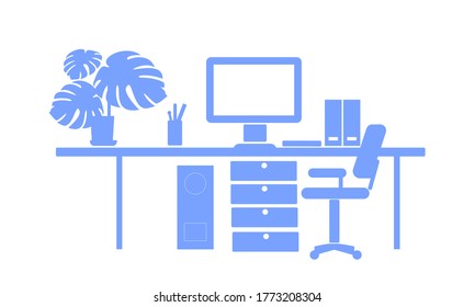 Ilustración vectorial de silueta plana de trabajo independiente. El lugar de trabajo de las computadoras está aislado en un fondo blanco.
