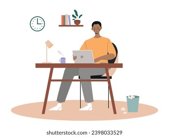 Freelancer at workplace. Man sitting at computer. Distance and remote workers. Online earnings. Work from home. Poster or banner. Cartoon flat vector collection isolated on white background