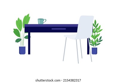 Freelancer workplace with modern beautiful chair table and floor lamp isolated on white background