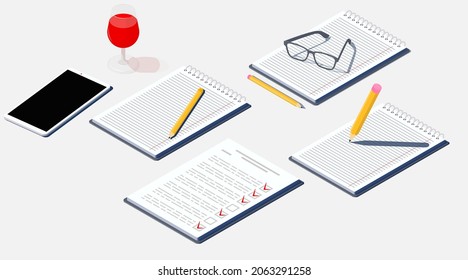 Freelancer workplace.  A notepad, pencil, smartphone and a glass of red wine. Isometric lounging illustration in bright white colors. Rest and relaxation at work. Vector concept background