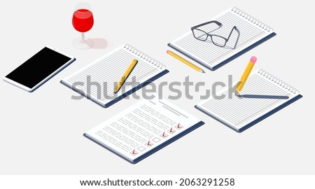 Freelancer workplace.  A notepad, pencil, smartphone and a glass of red wine. Isometric lounging illustration in bright white colors. Rest and relaxation at work. Vector concept background