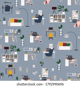 Freelancer workplace. Work from home or remote job concept seamless pattern. Indoor plants and stylish furniture texture background. 