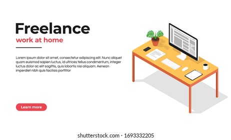 Freelancer workplace, working at home and home office concept. Freelance jobs and vacancies concept. Desktop computer, home plant, coffee and smartphone on the desk, isometric view. Vector