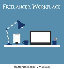 Freelancer workplace. Workspace with laptop, lamp, to do list. Flat style vector illustration.