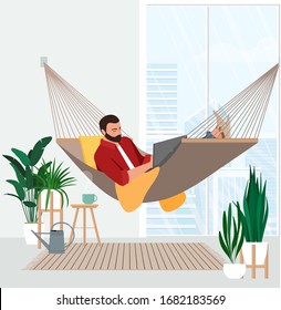 Freelancer works behind a laptop remotely lying in a hammock.