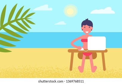 Freelancer works by the sea Vector. Cartoon. Isolated art