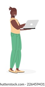 Freelancer works with clients using laptop. Digital nomad concept vector in trendy flat style. Сoncept of remote work from anywhere in the world.  Successful online business. 