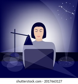 Freelancer works at a computer, desk lamp - vector. At night, late in the evening. Internet addiction. Doom scroll.