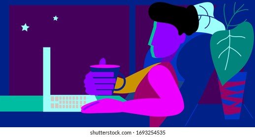 freelancer works at home.  girl at night by the window sits at a laptop and drinks coffee.  stock illustration flat.
