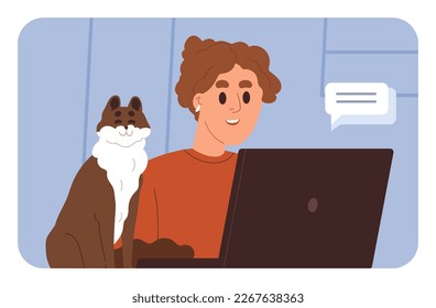 Freelancer works at home. Happy business woman and cute cat during online communication, video call. Remote employee, freelance worker working through internet at computer. Flat vector illustration