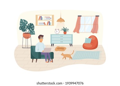 Freelancer works at home scene. Man sits in chair with laptop and cat in living room. Freelance, remote work, comfortable workplace concept. Vector illustration of people characters in flat design