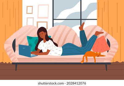 Freelancer works at home. Woman lying on comfortable sofa in apartment and working on laptop. Remote work and free schedule. Execution of orders on Internet. Cartoon flat vector illustration
