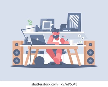 Freelancer works with laptop at home. Remote work of graphic designer. Vector illustration