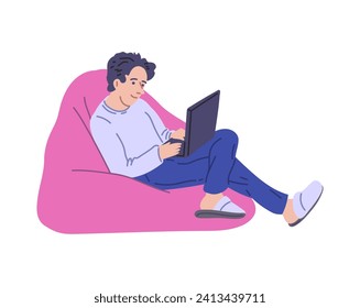 Freelancer works at a laptop online in an informal setting. Freelance lifestyle benefits concept, flat vector illustration isolated on white background.