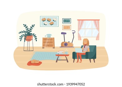 Freelancer works at laptop scene. Woman sitting on armchair in living room. Home office interior. Freelance, remote work, self employed concept. Vector illustration of people characters in flat design - Shutterstock ID 1939947052