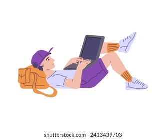 Freelancer works or student studies remotely at laptop in informal setting, flat vector illustration isolated on white background. Remote learning and freelance lifestyle.