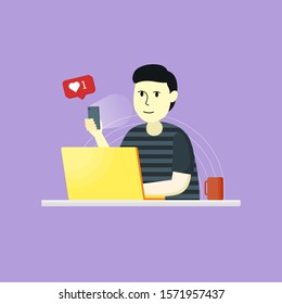 Freelancer Works using laptop with notification bubble. flat vector illustration