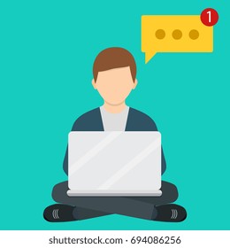 Freelancer works. Vector illustration of a flat design. Freelance man working with laptop on armchair. Freelance job. Flat design.  