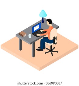 A freelancer works. Workplace. Home workspace. A man sits at a Desk. Laptop, lamp, book, glass of water. Working environment. Vector illustration.