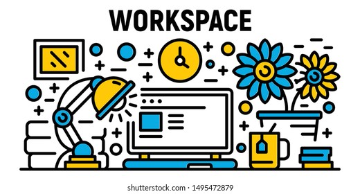 Freelancer workspace banner. Outline illustration of freelancer workspace vector banner for web design
