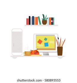 Freelancer workspace flat concept with desktop computer stationery cup of coffee fruits books plants isolated vector illustration