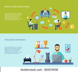 Freelancer workspace at home and remote jobs opportunites flat color horizontal banner set isolated vector illustration