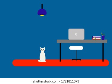 Freelancer workspace with laptop, books, pens and cat. Vector Illustration.