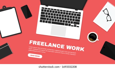 Freelancer workspace, workspace in top view. Working at home and home office concept. Freelance jobs and vacancies concept. Laptop, smartphone and cup of coffee and on the desk. Vector