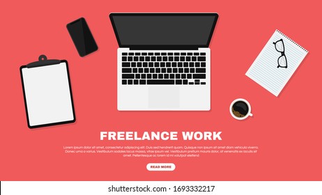 Freelancer workspace, workspace in top view. Working at home and home office concept. Freelance jobs and vacancies concept. Laptop, smartphone and cup of coffee and on the desk. Vector