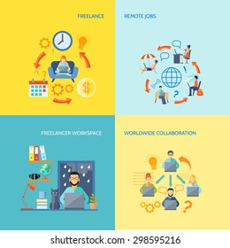 Freelancer Workspace Worldwide Collaboration And Remote Jobs Flat Color Decorative Icon Set Isolated Vector Illustration