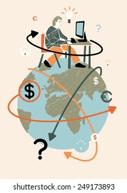 Freelancer and world. Concept vector illustration.