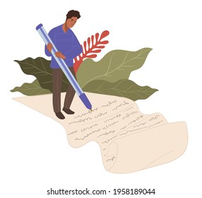 Freelancer writing article with pen on piece of paper. Student composing letter or doing homework. Journalist taking notes. Copywriting and freelancing of male character. Vector in flat style