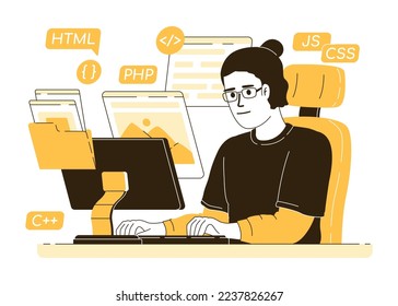 Freelancer writing code flat concept vector illustration. Editable 2D cartoon character on white for web design. Business creative idea for website, mobile, presentation. Quicksand font used
