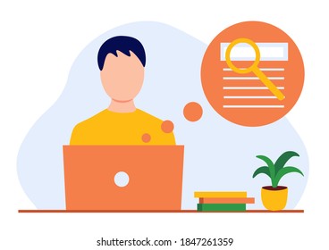 Freelancer young man sitting and working with a laptop. Illustration for freelance, online education, healthy lifestyle. Search on the Internet. Flat vector illustration isolated on white background