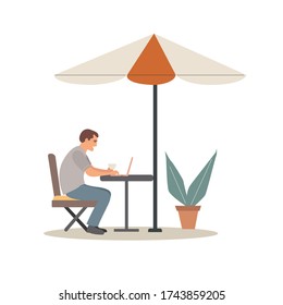 Un joven independiente trabaja fuera de la casa. Joven trabajando en un portátil sentado en un café. Ilustración vectorial.