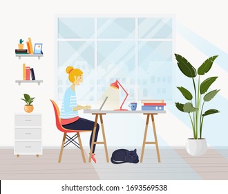 Freelancer, young woman working at home with laptop in a living room.  Apartments interior with chair, plants, pictures, shelf, books, cat, desk, window, lamp. Home office. Vector illustration