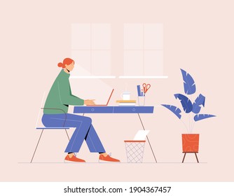 Freelancer, young woman working with laptop at the desk at home. Vector illustration. Apartment interior with plant, desk. coffee cup, documents. Home office