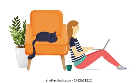 Freelancer, young woman working or studying at home with laptop sitting on the floor in a living room.  Apartments interior with armchair, green pot plant and a cat. Home office. Stay at home concept