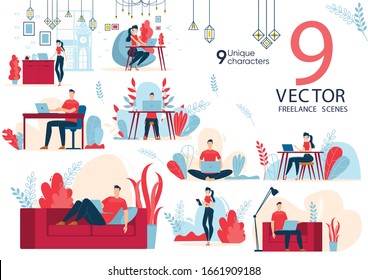 Freelancers Activities Scenes, Distance Work Situations Concepts Trendy Flat Vectors Set. Female, Male Freelance Programmers, Software Developers, Designers Using Laptop, Working at Home Illustrations