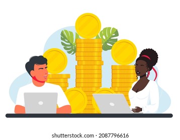 Freelancers of all races work on laptops, making big bucks. Businessmen standing next to coins are working at a computer. Investors work for profit, income, dividends. Investment, money, finance