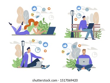 Freelancers, Bloggers Working Online, Networking Set. People Using Laptop for Chatting in Social Media Network, Doing Business via Internet. Ecommerce and Self-Employed Person. Vector Illustration