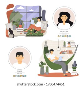 Freelancers, business people male and female characters working from home office using laptop computers and internet connection, vector flat illustration. Home workspace, remote work and freelance.