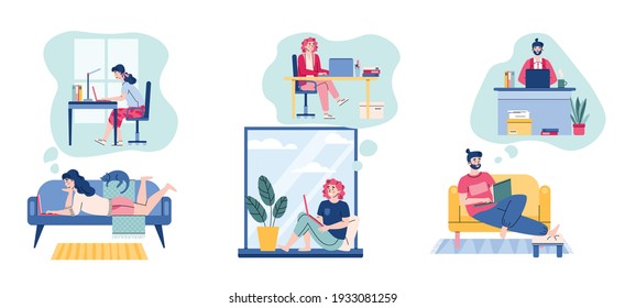 Freelancers and businessman men and women characters working remotely and in office workplace, cartoon vector illustration isolated on white background.